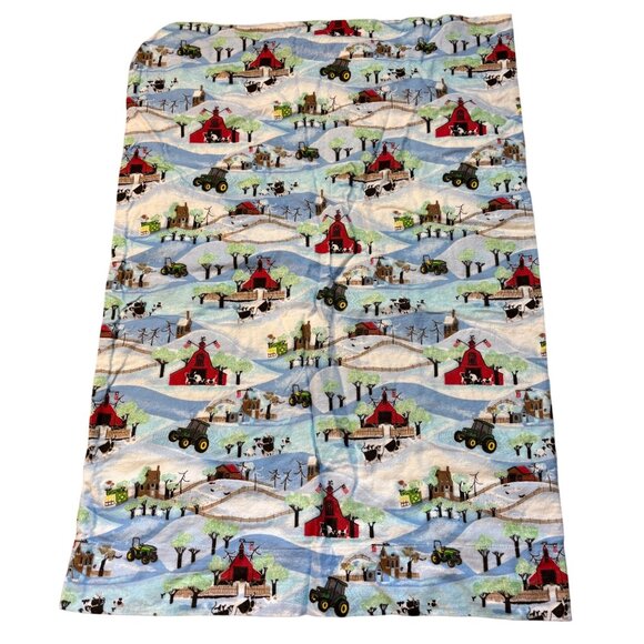Vintage Farm Scene Pillowcase Flannel With Tractors & Barns - Picture 1 of 1
